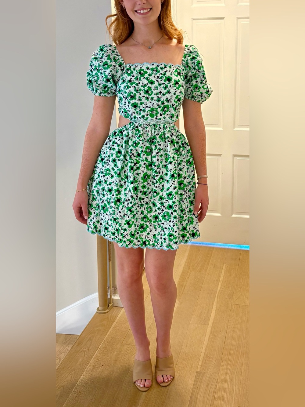 Green and white Floral embroidered Cutout Dress nwot small